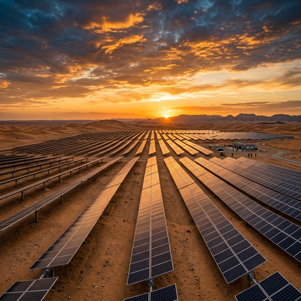 Champ de panneaux solaires au coucher du soleil dans le Sahara algérien